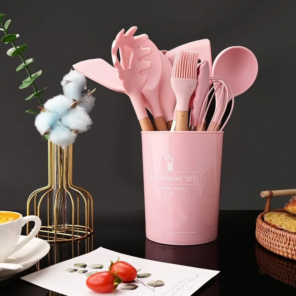 12pc Pink Silicone Kitchen Utensil Set with Wooden Handles and Storage Bucket